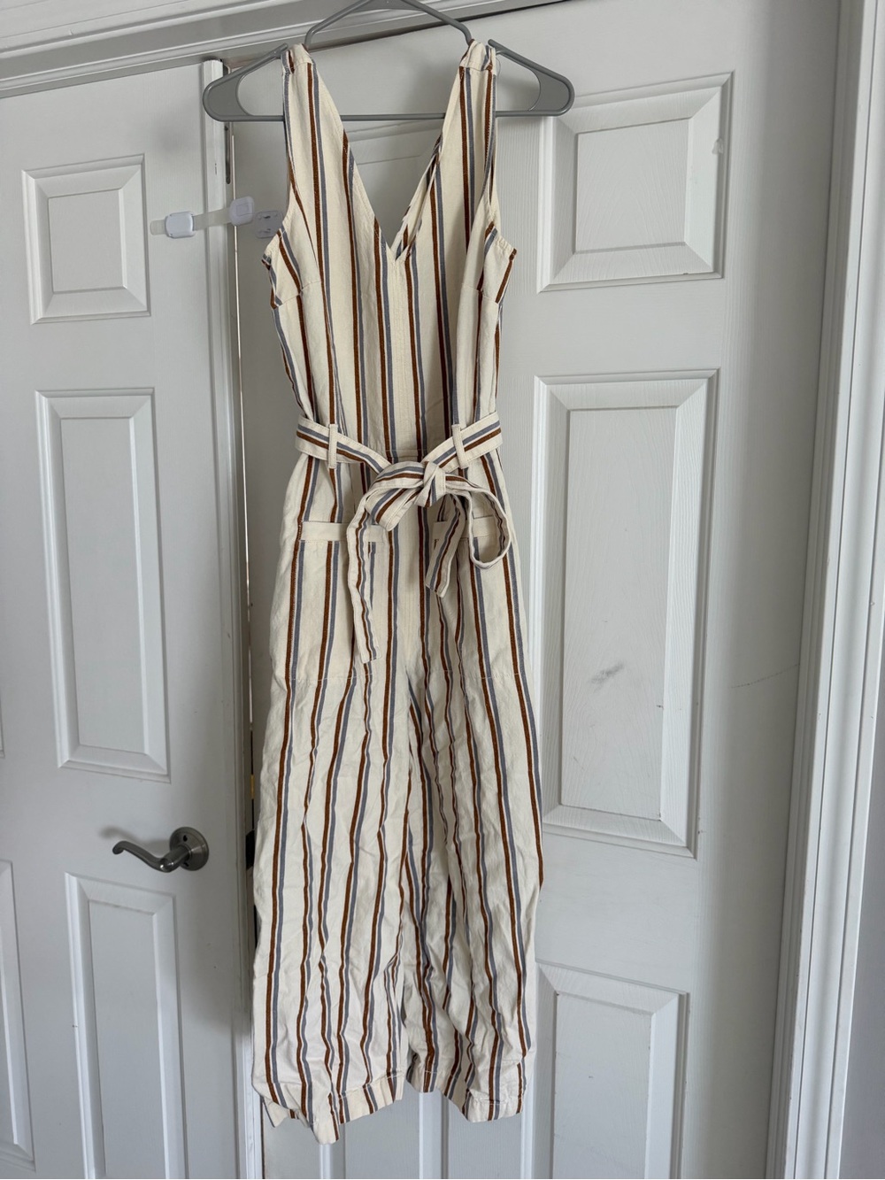Madewell Sleeveless V-Neck Striped One piece with Waist Tie - Cream/Brown/Gray